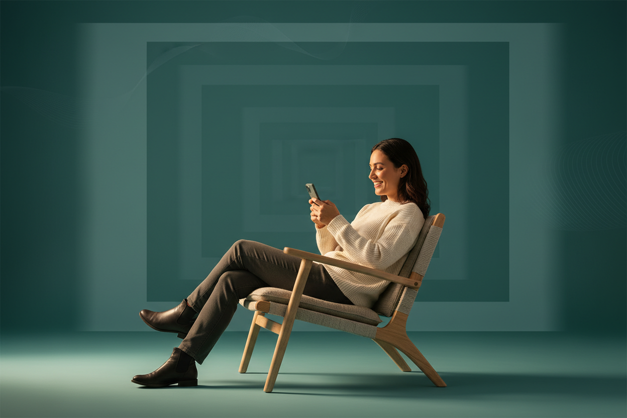 quero que o fundo tenha profundidade, não uma parede. Além disso, mude a Poltrona por uma cadeira, o posicionamento dela precisa estar à 45º a partir do ponto de observação